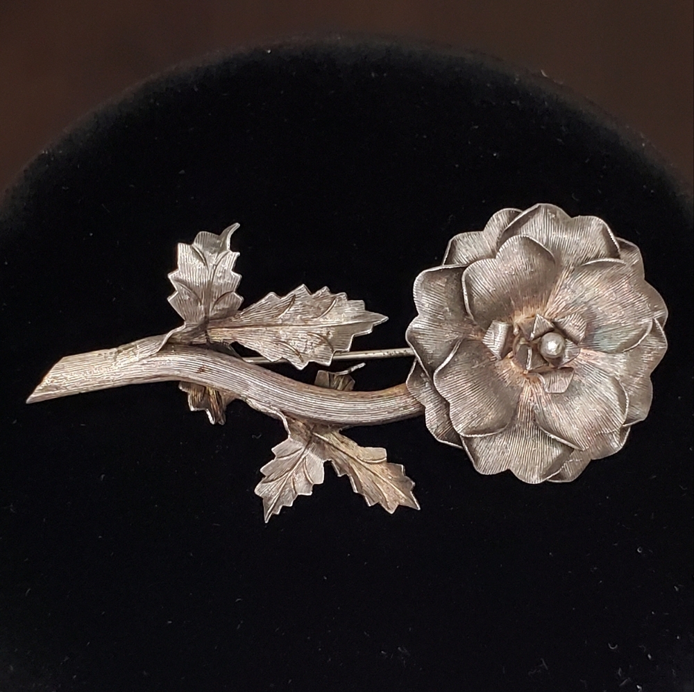 Vintage Mexico Taxco LCT Sterling Silver 925 Rose Flower Branch Brooch